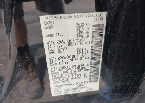 2019 Nissan Frontier Sv z USA, uszkodzony, nr VIN 1N6AD0EV5KN763485